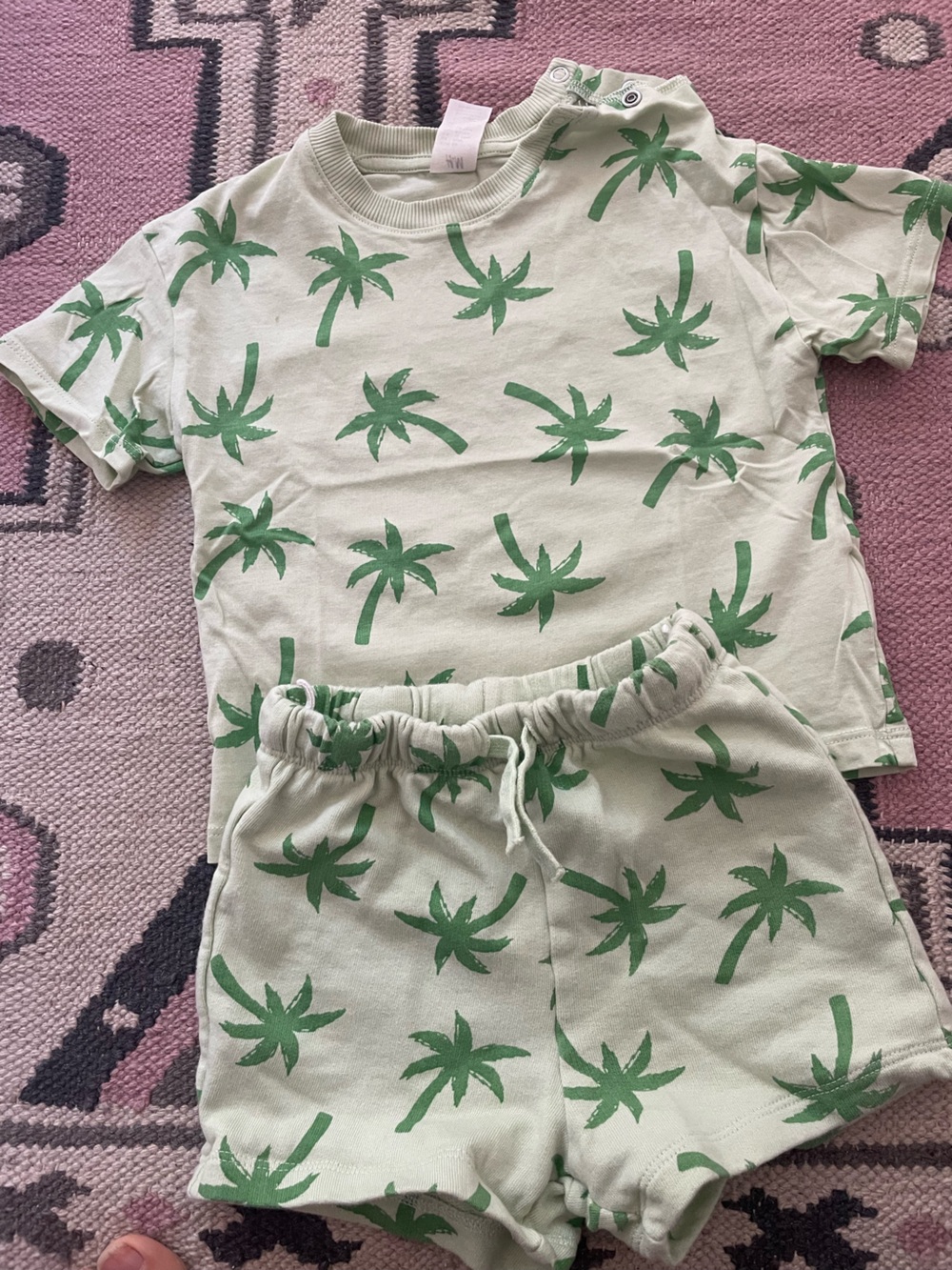 H&M Green Palm-Print Short Sleeve Top and Shorts Set